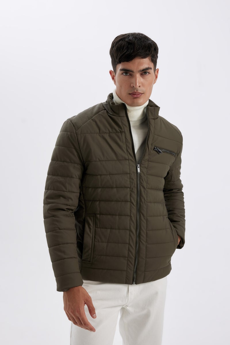 DeFacto Green Man Slim Fit Stand Collar Zip-Up Pocket Faux Leather Jacket Casual - Image 3